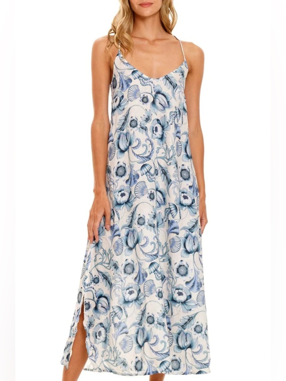 The Lazy Poet 100% Linen Frida Blue Medusa Maxi Slip Dress